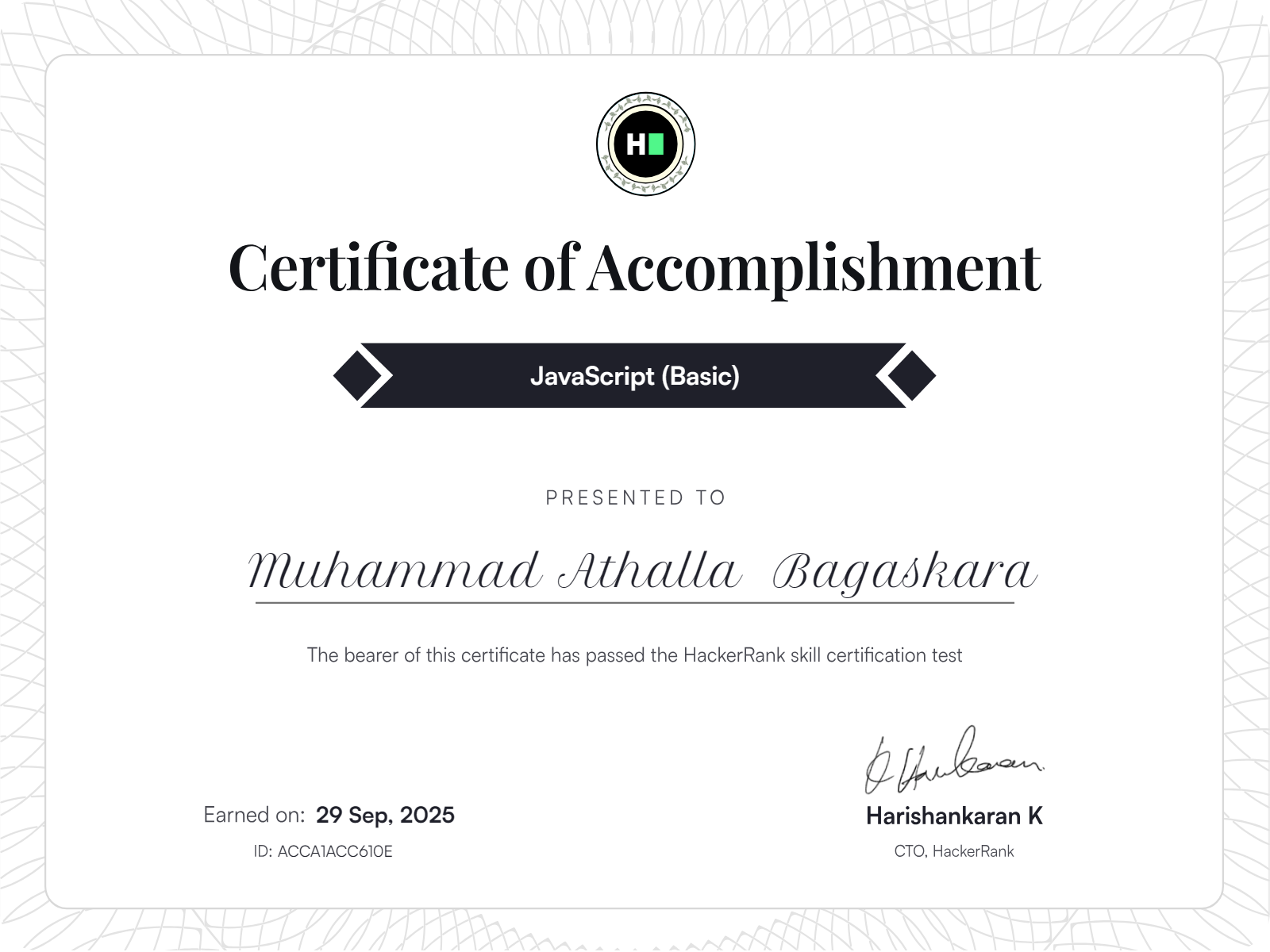 Sertifikat JavaScript Basic HackerRank